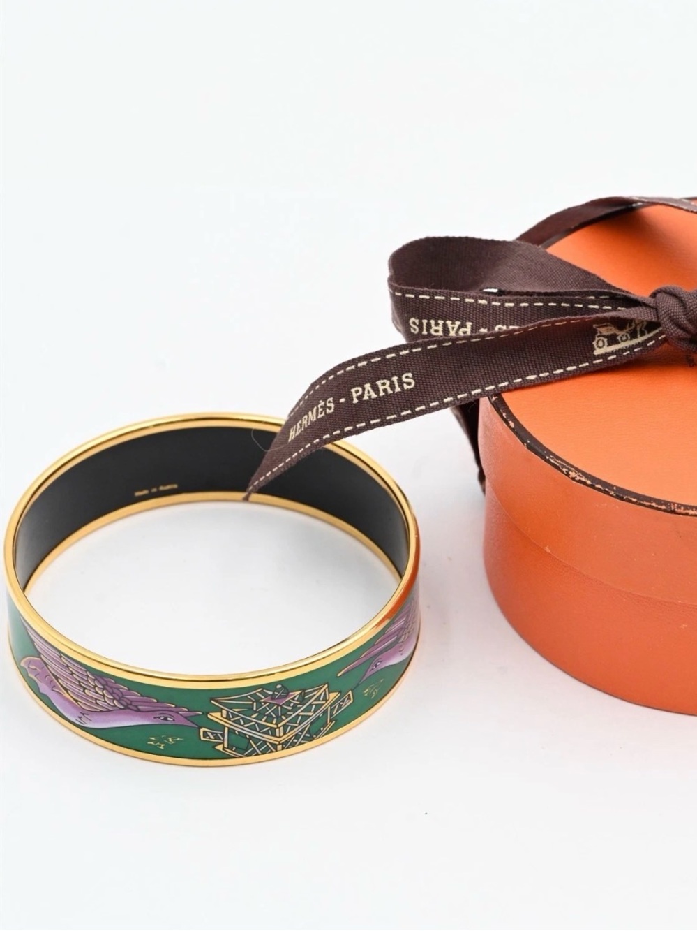 HERMES EMILE GM GREEN PURPLE ENAMEL BIRD BANGLE BRACELET